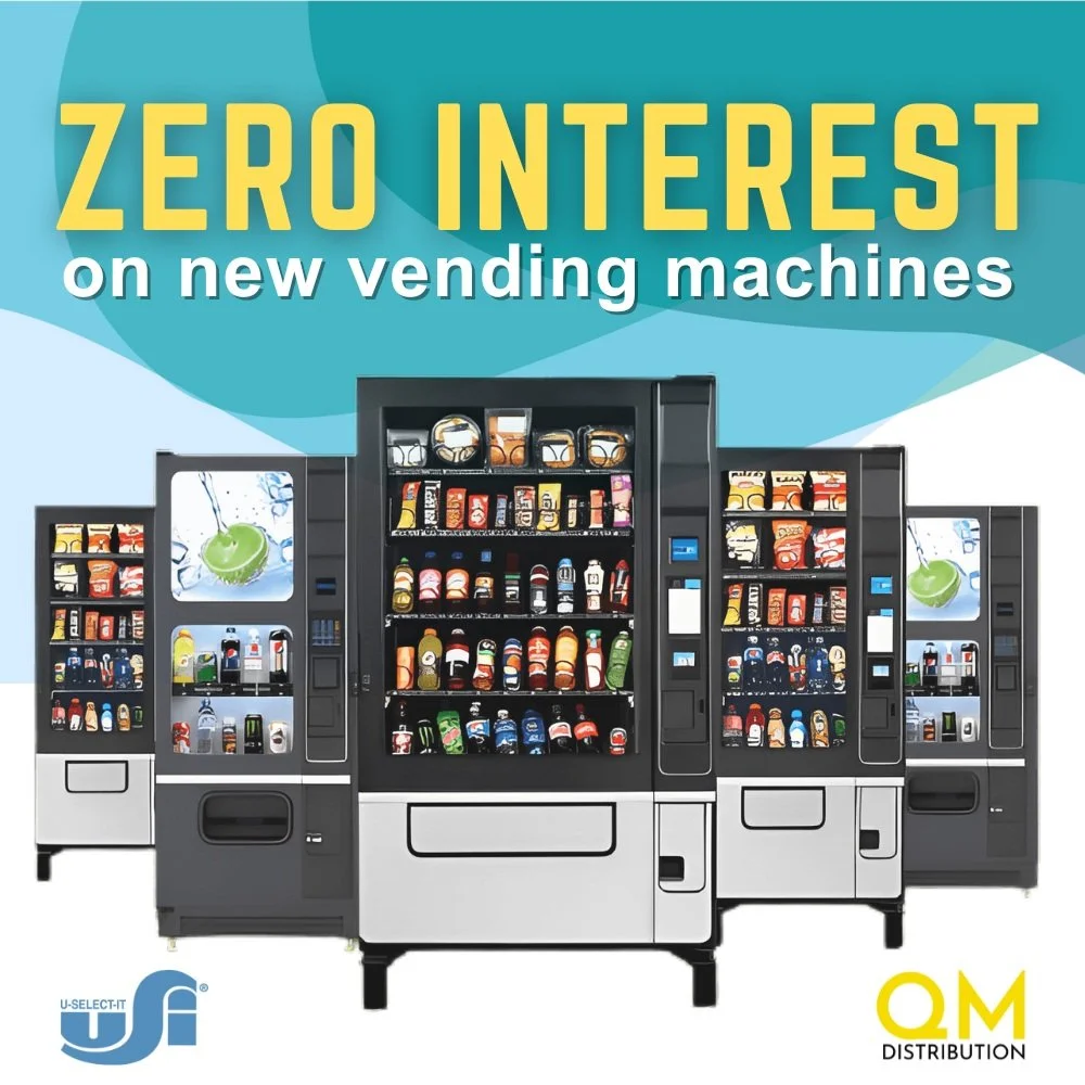 Promo poster featuring vending machines with text "Zero Interest on new vending machines," logos of U-Select-It and OM Distribution.