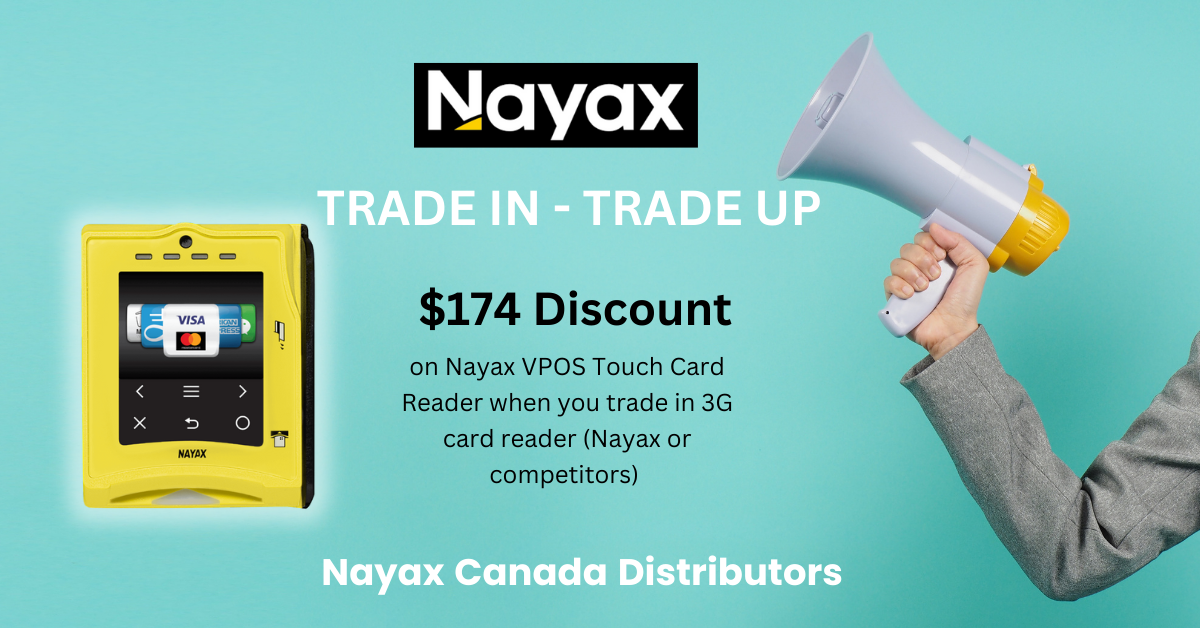 Nayax VPOS touch card reader discount trade-in promotion offering $174 discount for 3G card reader exchange, featuring a yellow card reader device and a hand holding a megaphone, on a teal background.