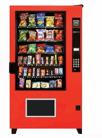 Red vending machine filled with assorted snacks and drinks