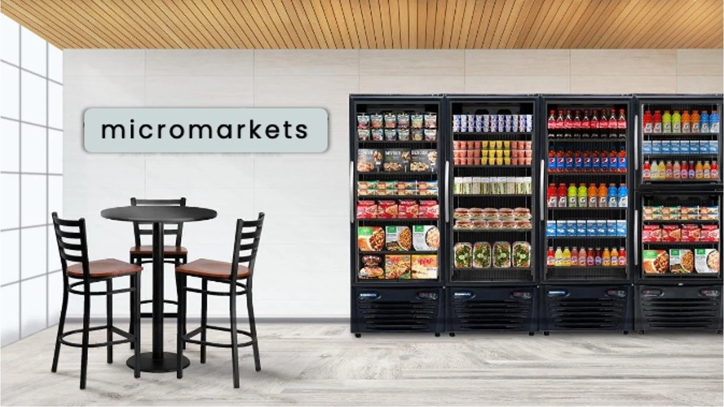 Micromarket vending equipment - Self-Serve Kiosk  - Unattended Retail vending - lunchroom fresh food market - QM Distribution
